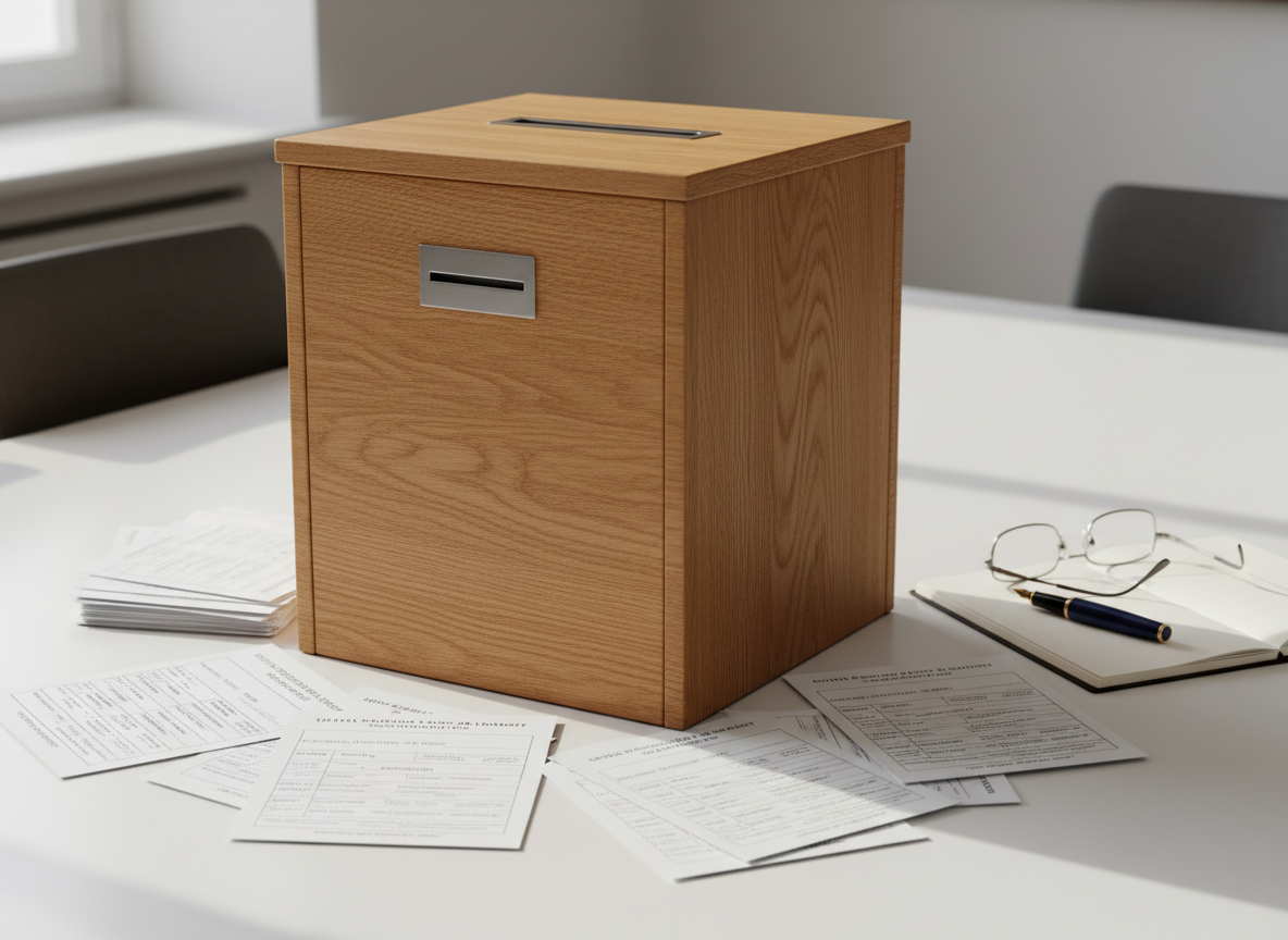 A large, meticulously detailed wooden ballot box with a smooth, matte oak finish and a polished metal slot on top, standing on a clean, white conference table. Around it lie neatly arranged stacks of crisp paper ballots with clearly printed party lists and candidate names, alongside a pair of stainless-steel reading glasses and a dark blue fountain pen. Soft daylight from an unseen window washes across the scene, creating gentle, realistic shadows and a calm, professional atmosphere. Captured at eye level in photographic realism with a shallow depth of field, the ballot box is in sharp focus while the background fades into a subtle blur of neutral office tones, emphasizing clarity, neutrality, and thoughtful analysis of electoral systems.